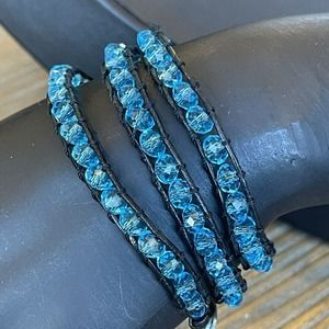 Leather Boho Wrap Bracelet Blue Glass Beads Healing Stone Chakra Balancing